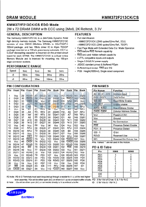 KMM372F213CK datasheet - 2M x 72 DRAM DIMM with ECC using 2Mx8, 2K Refresh, 3.3V