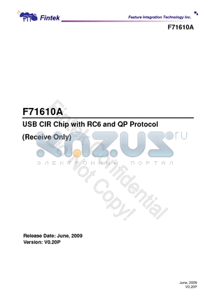F71610AR datasheet - USB CIR Chip with RC6 and QP Protocol