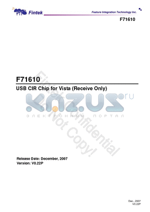F71610R datasheet - USB CIR Chip for Vista (Receive Only)