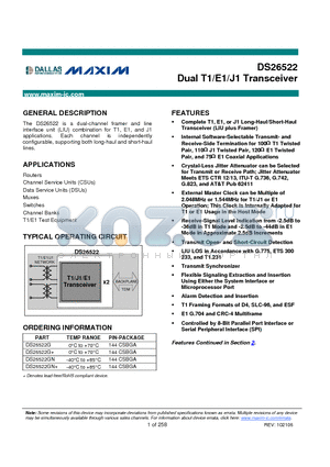 DS26522GN+ datasheet - Dual T1/E1/J1 Transceiver