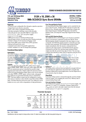 GS88236AB-250 datasheet - 512K x 18, 256K x 36 9Mb SCD/DCD Sync Burst SRAMs