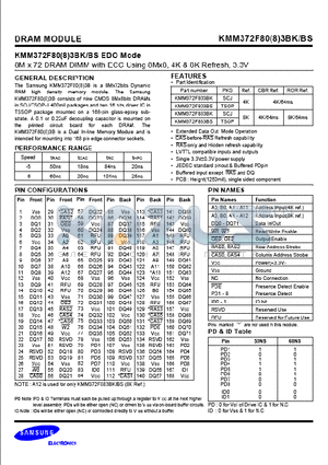 KMM372F883BS datasheet - 8M x 72 DRAM DIMM with ECC using 8Mx8, 4K 8K Refresh, 3.3V