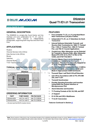 DS26524GN+ datasheet - Quad T1/E1/J1 Transceiver