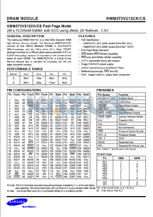 KMM372V213CS datasheet - 2M x 72 DRAM DIMM with ECC using 2Mx8, 2K Refresh, 3.3V