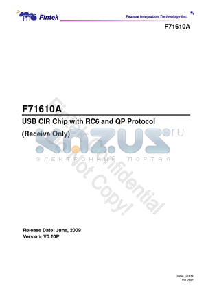 F71610A datasheet - USB CIR Chip with RC6 and QP Protocol