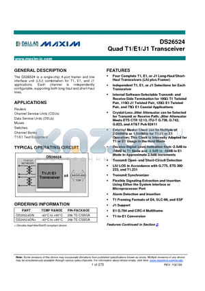 DS26524GN datasheet - Quad T1/E1/J1 Transceiver