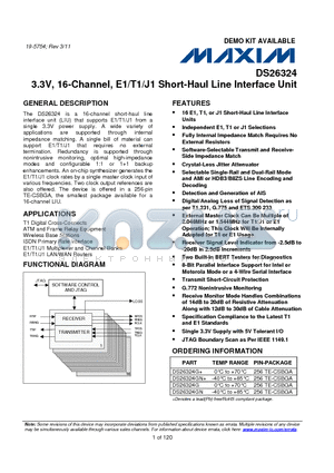 DS26324GN datasheet - 3.3V, 16-Channel, E1/T1/J1 Short-Haul Line Interface Unit Independent E1, T1 or J1 Selections