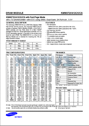 KMM372V413CS datasheet - 4M x 72 DRAM DIMM with ECC using 2Mx8, Dual Bank 2K Refresh, 3.3V