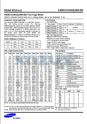 KMM372V803BS datasheet - 8M x 72 DRAM DIMM with ECC using 8Mx8, 4K 8K Refresh, 3.3V