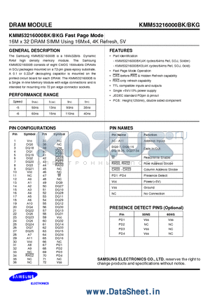 KMM53216000BKG datasheet - 16M x 32 DRAM SIMM Using 16Mx4, 4K Refresh, 5V