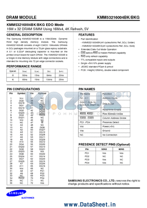 KMM53216004BK datasheet - 16M x 32 DRAM SIMM Using 16Mx4, 4K Refresh, 5V