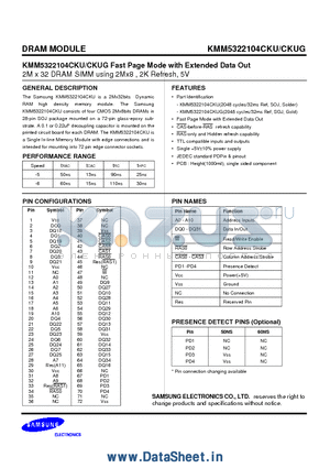 KMM5322104CKU datasheet - 2M x 32 DRAM SIMM using 2Mx8 , 2K Refresh, 5V