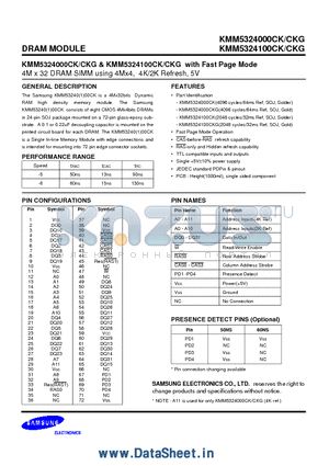 KMM5324000CK datasheet - 4M x 32 DRAM SIMM using 4Mx4, 4K/2K Refresh, 5V