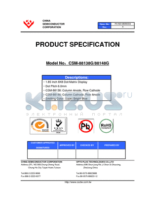 CSM-88138G datasheet - 1.85 Inch 8X8 Dot-Matrix Display