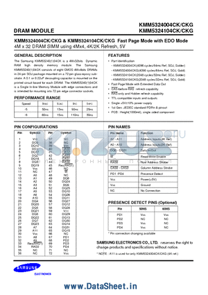 KMM5324104CK datasheet - 4M x 32 DRAM SIMM using 4Mx4, 4K/2K Refresh, 5V