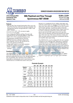 GS882Z18AB datasheet - 9Mb Pipelined and Flow Through Synchronous NBT SRAM