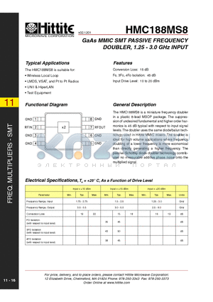 188MS8E datasheet - GaAs MMIC SMT PASSIVE FREQUENCY DOUBLER, 1.25 - 3.0 GHz INPUT