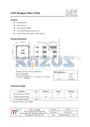 F7461 datasheet - SAW Bandpass Filter