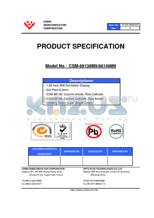 CSM-88148M9 datasheet - 1.85 Inch 8X8 Dot-Matrix Display