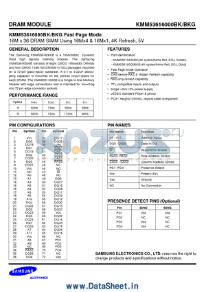 KMM53616000BKG datasheet - 16M x 36 DRAM SIMM Using 16Mx4 & 16Mx1, 4K Refresh, 5V