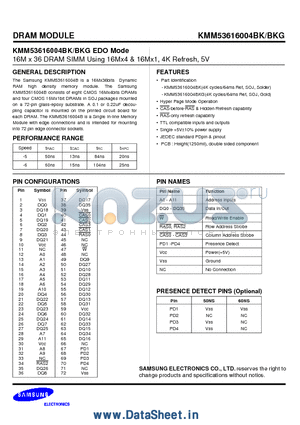 KMM53616004BK datasheet - 16M x 36 DRAM SIMM Using 16Mx4 & 16Mx1, 4K Refresh, 5V