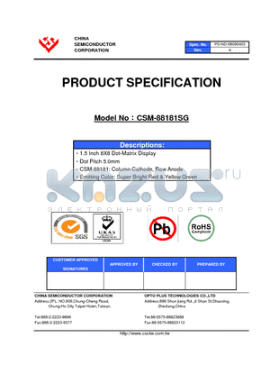 CSM-88181SG datasheet - 1.5 Inch 8X8 Dot-Matrix Display