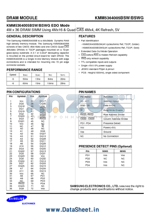 KMM5364005BSW datasheet - 4M x 36 DRAM SIMM Using 4Mx16 & Quad CAS 4Mx4, 4K Refresh, 5V