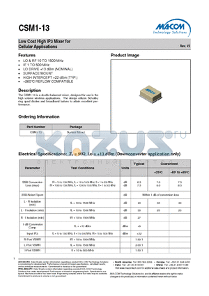 CSM1-13 datasheet - Low Cost High IP3 Mixer for Cellular Applications