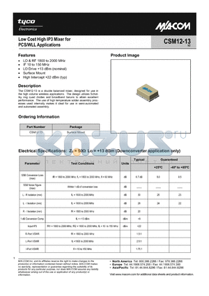 CSM12-13 datasheet - Low Cost High IP3 Mixer for PCS/WLL Applications