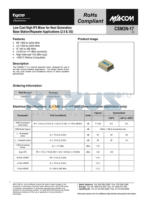 CSM2N-17 datasheet - Low Cost High IP3 Mixer for Next Generation Base Station/Repeater Applications(2.5,3G)