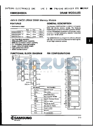 KMM594000A-7 datasheet - 4M x 9 CMOS SIMM Memory Module