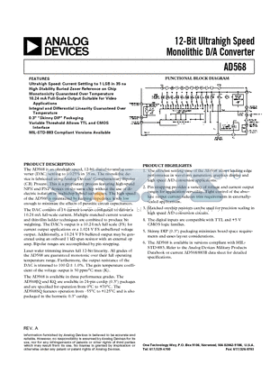 AD568SQ datasheet - 12-Bit Ultrahigh Speed Monolithic D/A Converter