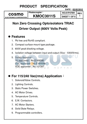 KMOC3011S datasheet - Zero Crossing Optoisolators TRIAC