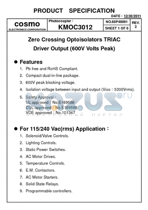 KMOC3012 datasheet - Zero Crossing Optoisolators TRIAC