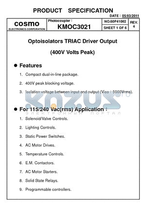 KMOC3021_11 datasheet - Zero Crossing Optoisolators TRIAC