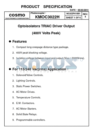 KMOC3022H datasheet - Optoisolators TRIAC Driver Output