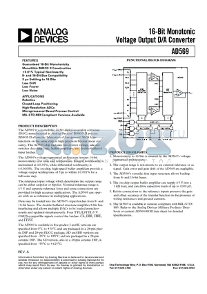 AD569KP datasheet - 16-Bit Monotonic Voltage Output D/A Converter