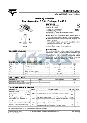 88CNQ060APBF datasheet - Schottky Rectifier New Generation 3 D-61 Package, 2 x 40 A