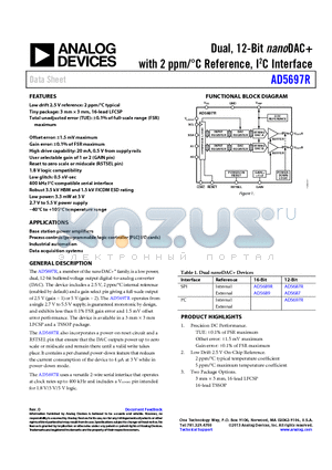 AD5697R datasheet - Dual, 12-Bit nanoDAC with 2 ppm/`C Reference, I2C Interface