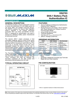 DS2703UT datasheet - SHA-1 Battery Pack Authentication IC