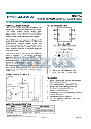 DS2704 datasheet - 1280-Bit EEPROM with SHA-1 Authentication