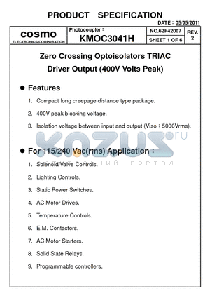 KMOC3041H datasheet - Zero Crossing Optoisolators TRIAC
