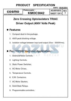 KMOC3042_11 datasheet - Zero Crossing Optoisolators TRIAC