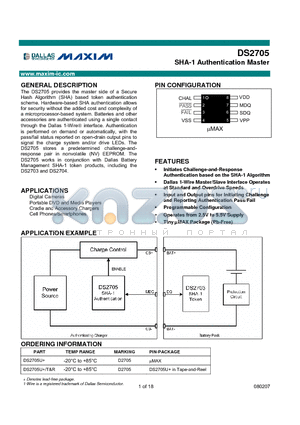 DS2705 datasheet - SHA-1 Authentication Master