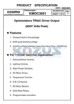 KMOC3051_11 datasheet - Zero Crossing Optoisolators TRIAC