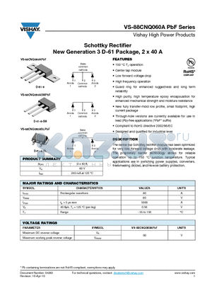 88CNQ060ASMPBF datasheet - Schottky Rectifier New Generation 3 D-61 Package, 2 x 40 A