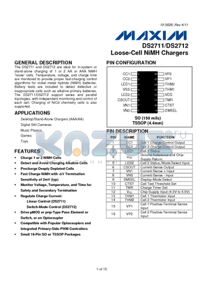 DS2711Z+ datasheet - Loose-Cell NiMH Chargers Detect and Avoid Charging Alkaline Cells