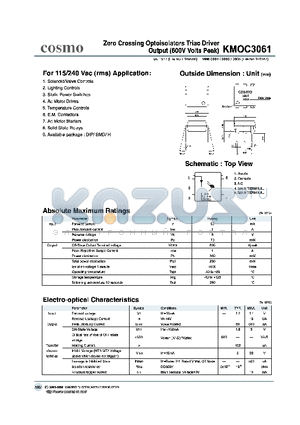 KMOC3061 datasheet - ZERO CROSSING OPTOISOLATORS TRIAC DRIVER OUTPUT (600V VOLTS PEAK)