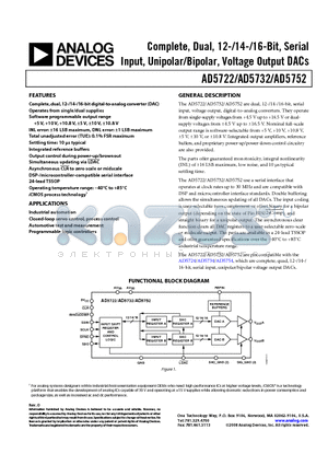 AD5722AREZ datasheet - Complete, Dual, 12-/14-/16-Bit, Serial Input, Unipolar/Bipolar, Voltage Output DACs