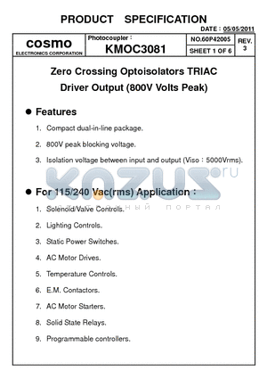 KMOC3081 datasheet - ZERO CROSSING OPTOISOLATORS TRIAC DRIVER OUTPUT (600V VOLTS PEAK)